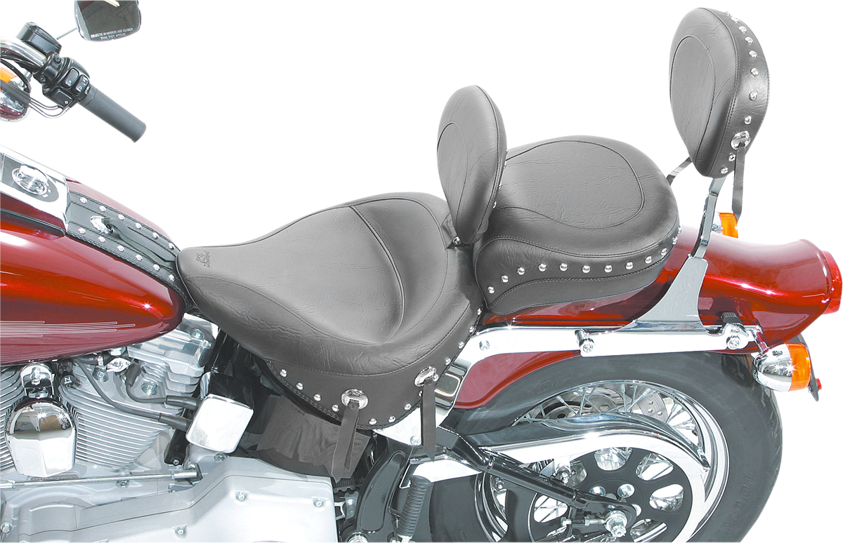 Mustang Wide Solo Seat - With Backrest - Black - Studded W/ Concho - FLST/FXST '00-'06