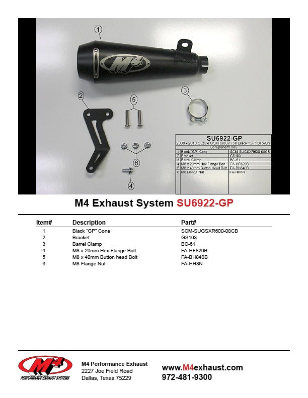 M4 Exhaust SU6922-GP Component Key