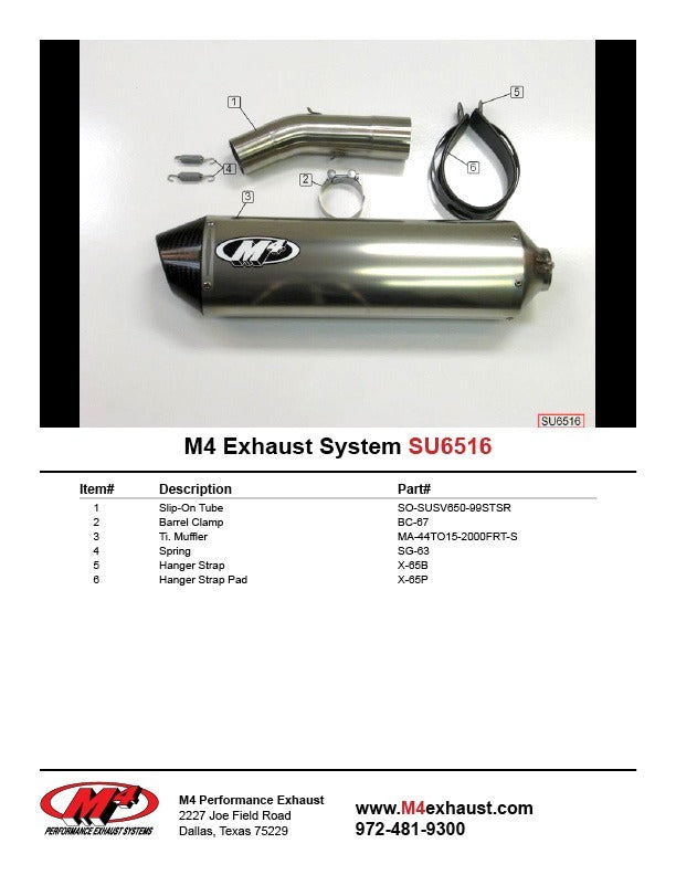 M4 Exhaust SU6516 Component Key