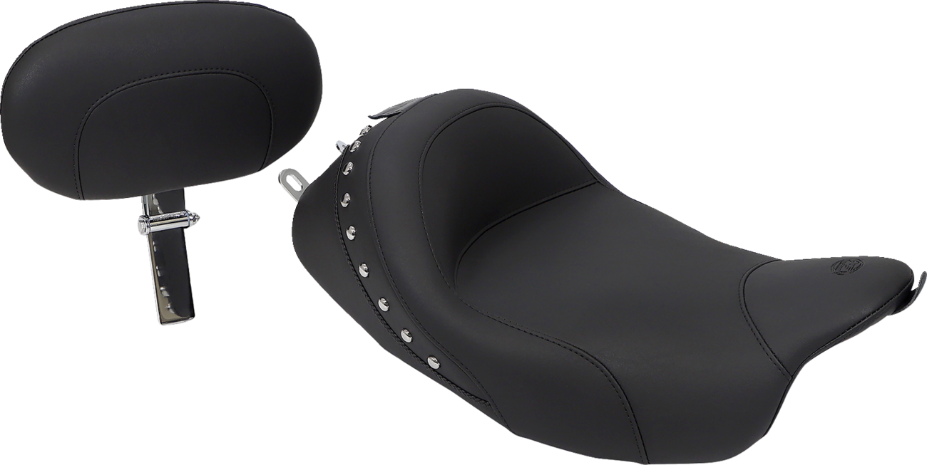 Mustang Wide Solo Seat - With Backrest - Black - Studded W/ Concho - FLH/FLT '08-'25