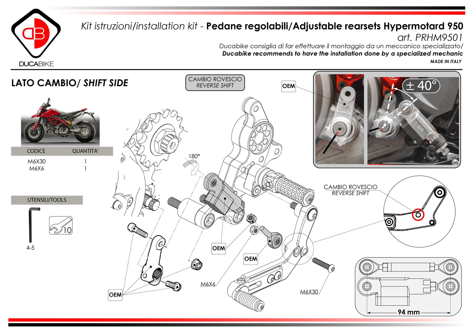 Ducabike DBK PRHM9501 HM 950 Adjustable Rearset