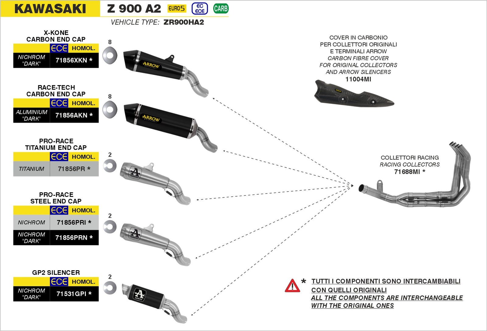 Arrow 71688MI Racing Headers Interchangeable With Original Ones - Assembly Diagram