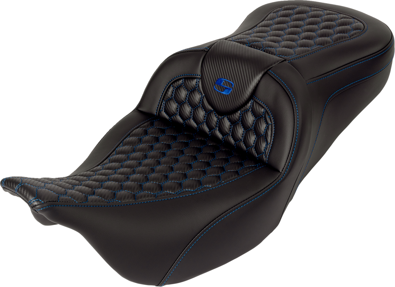 Saddlemen RoadSofa™ Seat - Honeycomb - Blue Stitch - With Backrest - FLH/FLT '08-'23