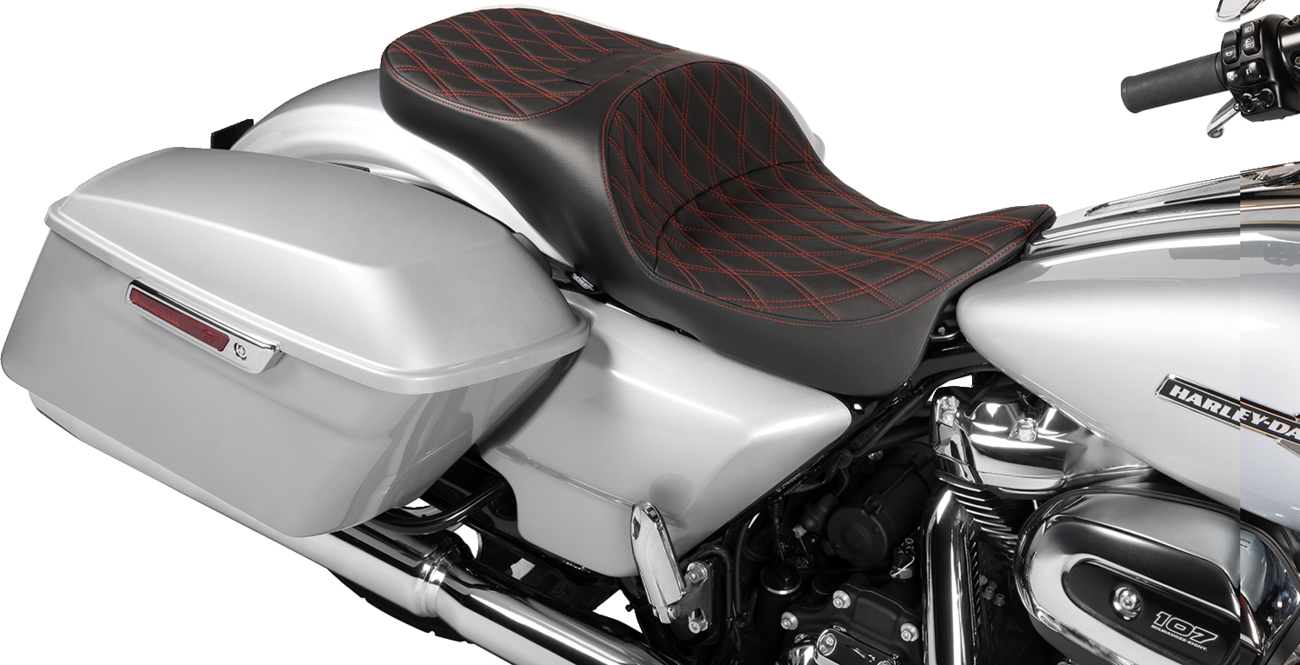 Drag Specialties Seats Extended Reach Freedom Seat - Vinyl - Double Diamond - Red Stitch - FLT/FLH '09-'25