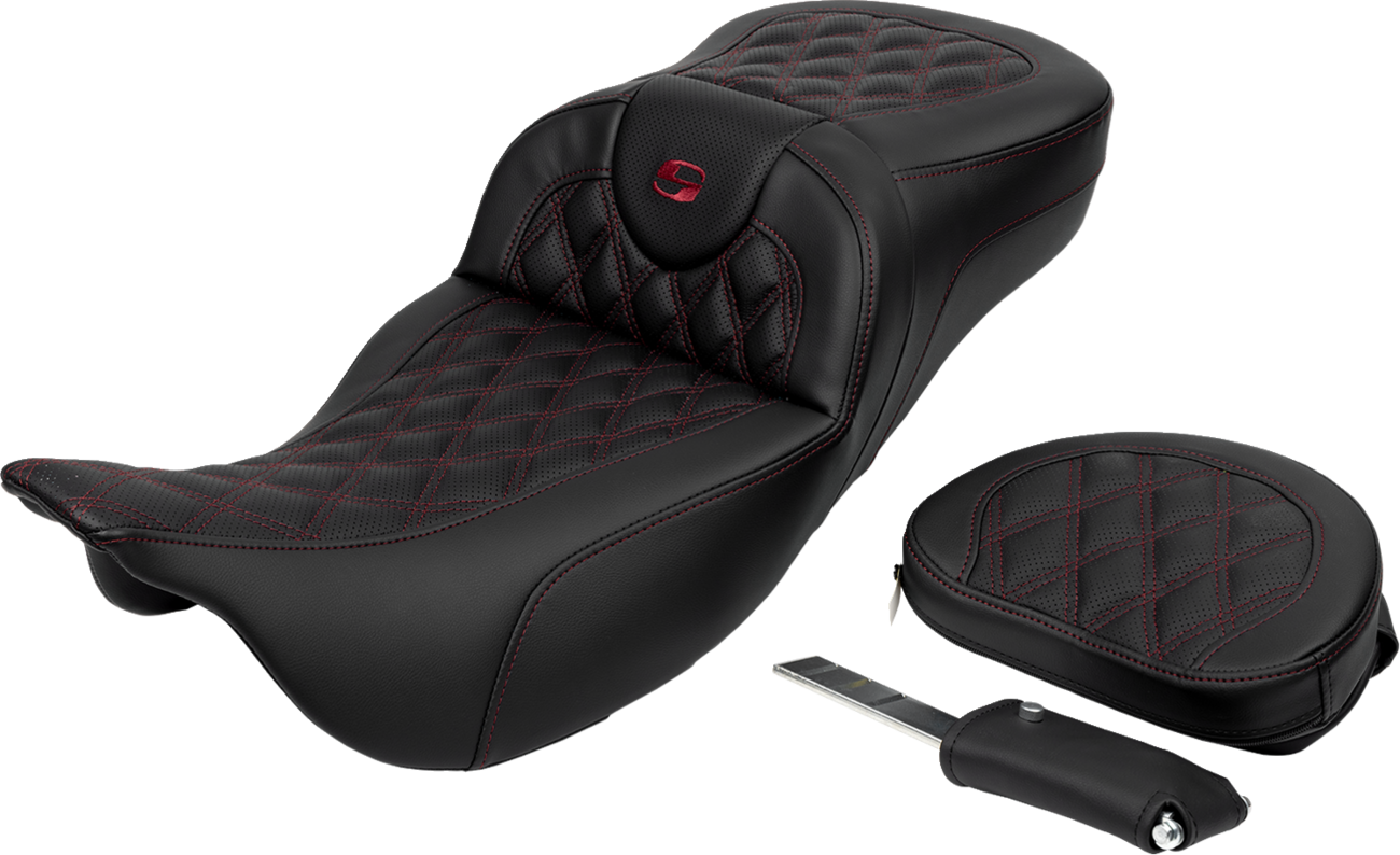 Saddlemen Roadsofa™ Extended Reach Seat - Lattice Stitch - Wine Berry Stitch - With Backrest - FL '08-'24