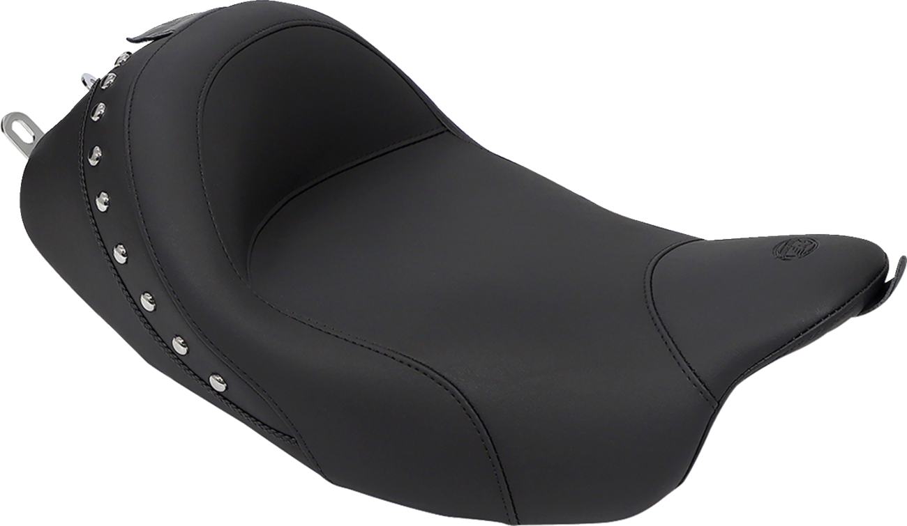 Mustang Wide Solo Seat - With Backrest - Black - Studded W/ Concho - FLH/FLT '08-'25