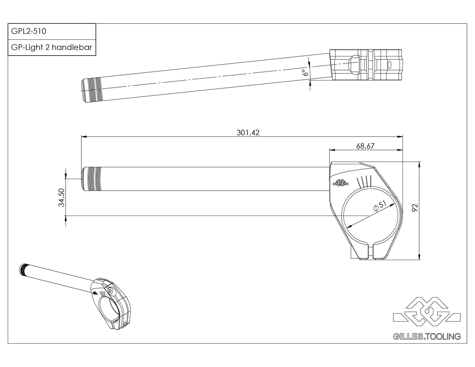 Gilles Tooling Handlebars GP-LIGHT 2 510 Black