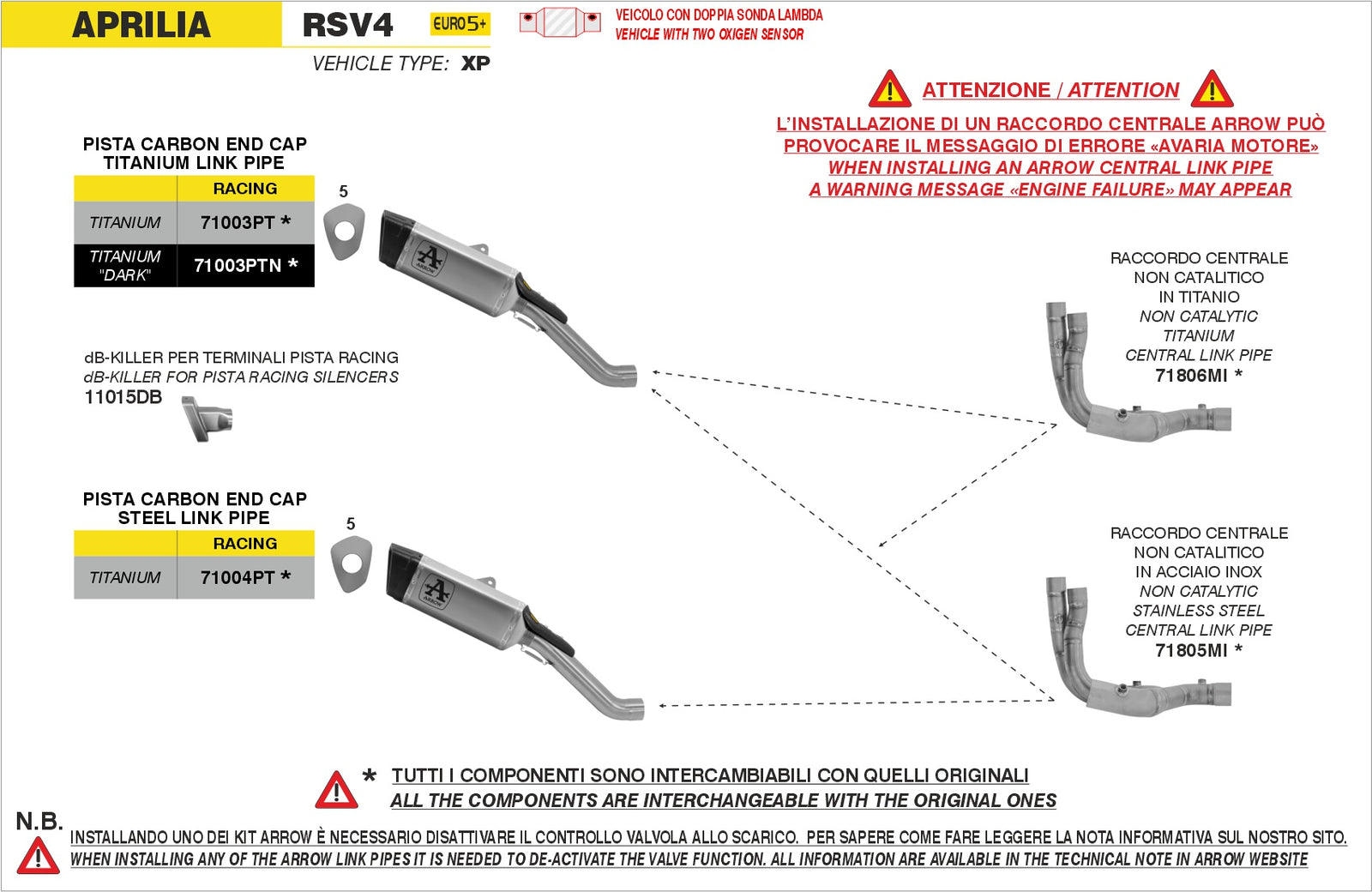 Arrow 71805MI Non Catalized Stainless Steel Link-Pipe - Assembly Diagram