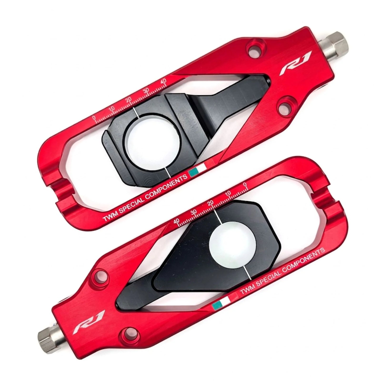 TWM CNC Aluminum Chain Adjusters for Yamaha - TCY.01 in Red - Set Photo - TCY.01.R
