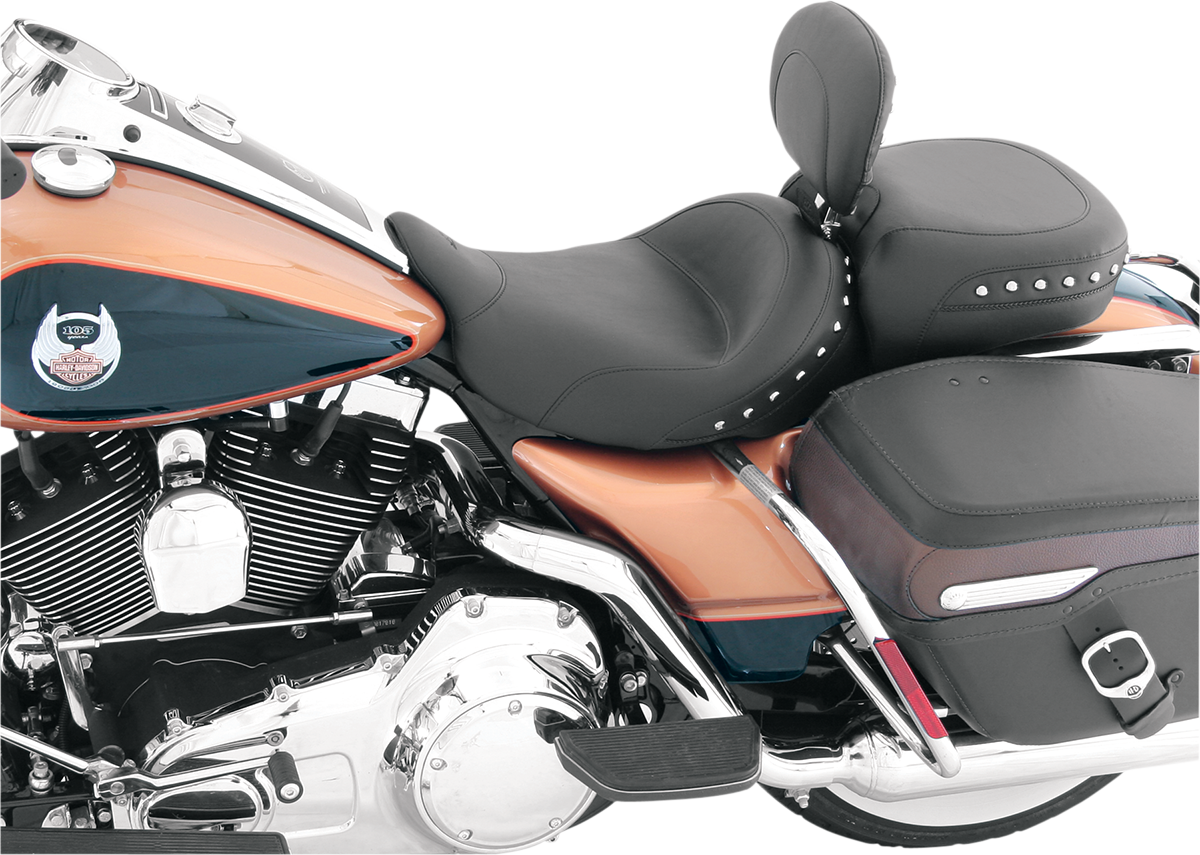 Mustang Wide Solo Seat - With Backrest - Black - Studded W/ Concho - FLH/FLT '08-'25