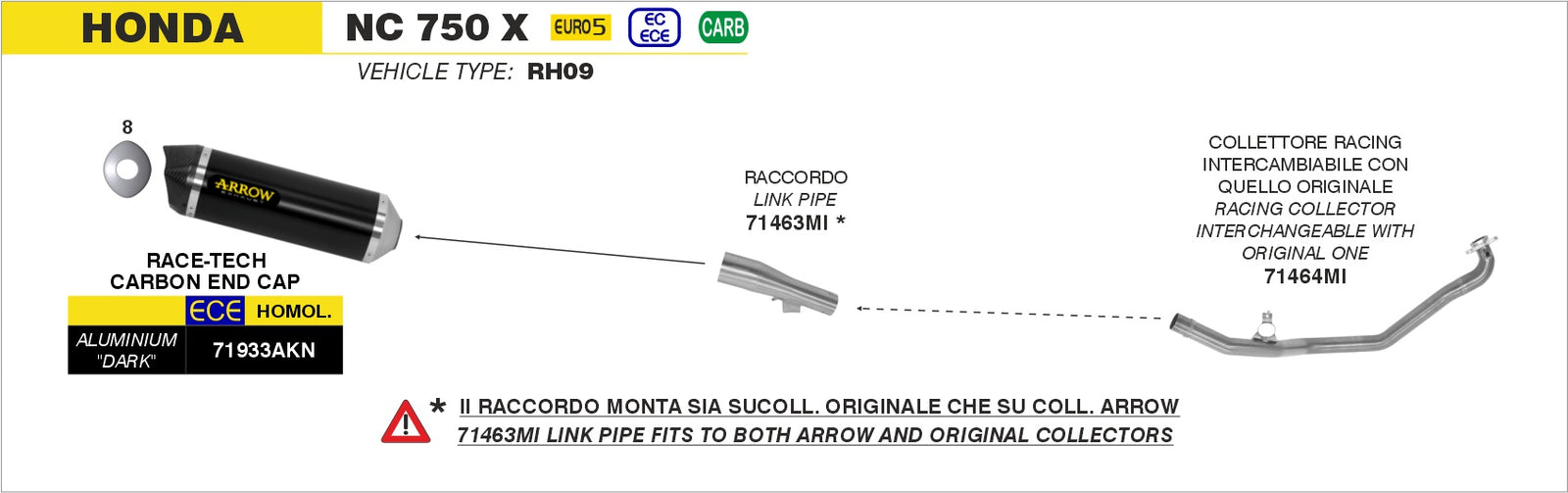 Arrow 71933AKN Race-Tech Aluminium Dark Slip On With Carbon End Cap - Assembly Diagram