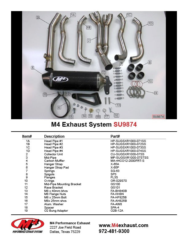 M4 Exhaust SU9874 Component Key