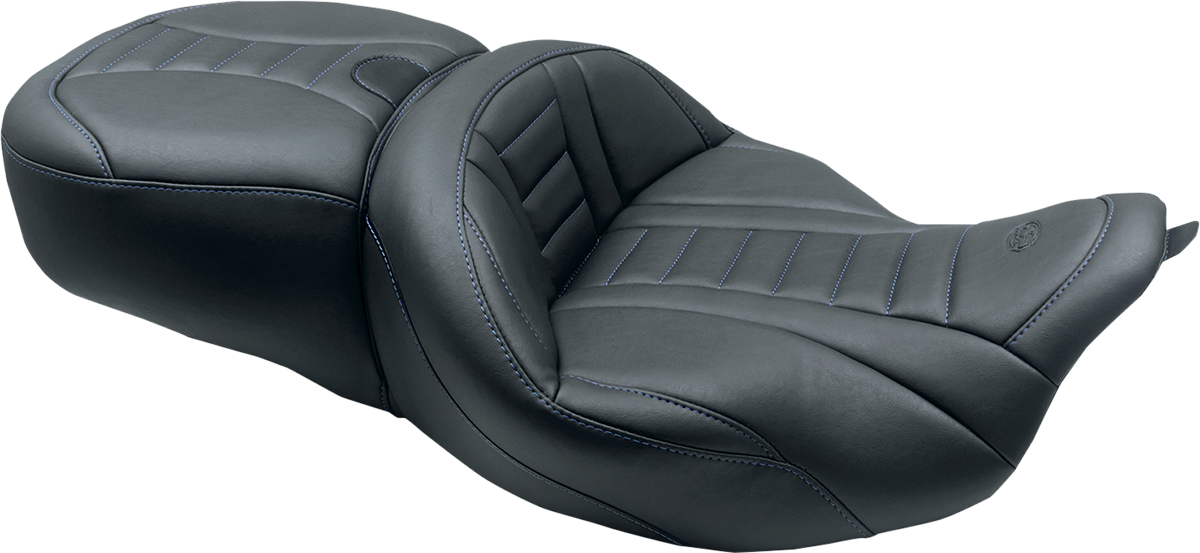 Mustang One-Piece Deluxe Touring Seat - Black W/ Sky Blue Stitching - FL '08-'25
