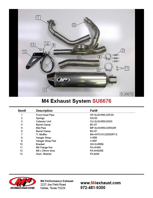 M4 Exhaust SU6676 Component Key