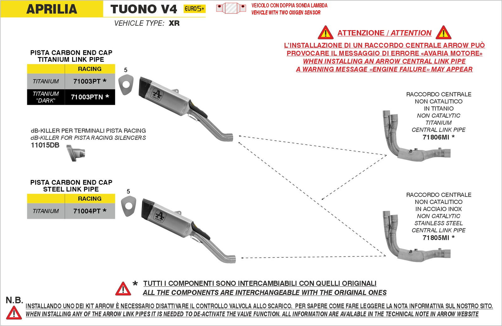 Arrow 71805MI Non Catalized Stainless Steel Link-Pipe - Assembly Diagram