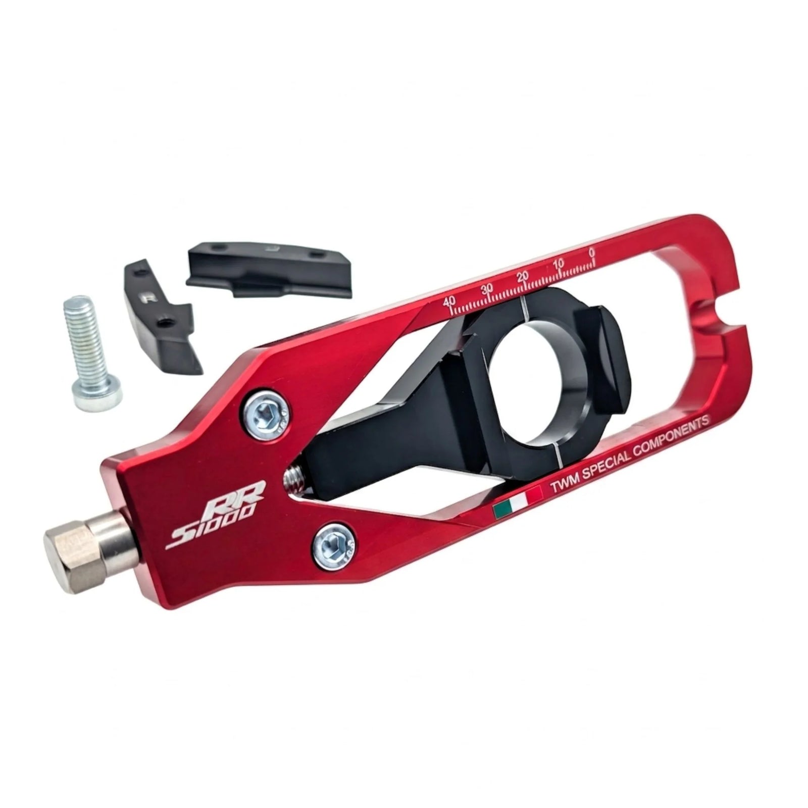 TWM CNC Aluminum Chain Adjusters for BMW - TCBMW.02 in Red - Detail Photo - TCBMW.02.R