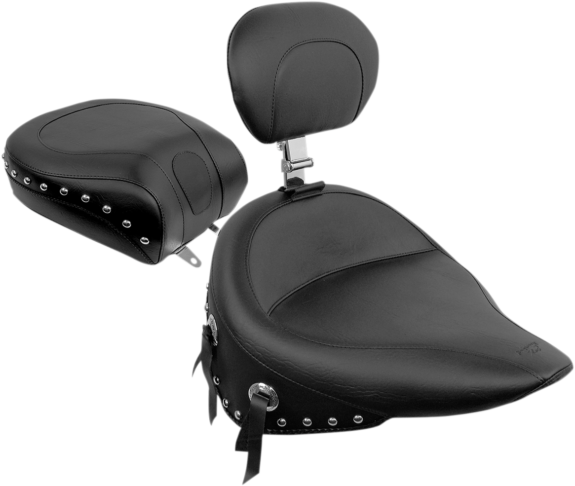 Mustang Wide Solo Seat - With Backrest - Black - Studded W/ Concho - Softail '84-'99
