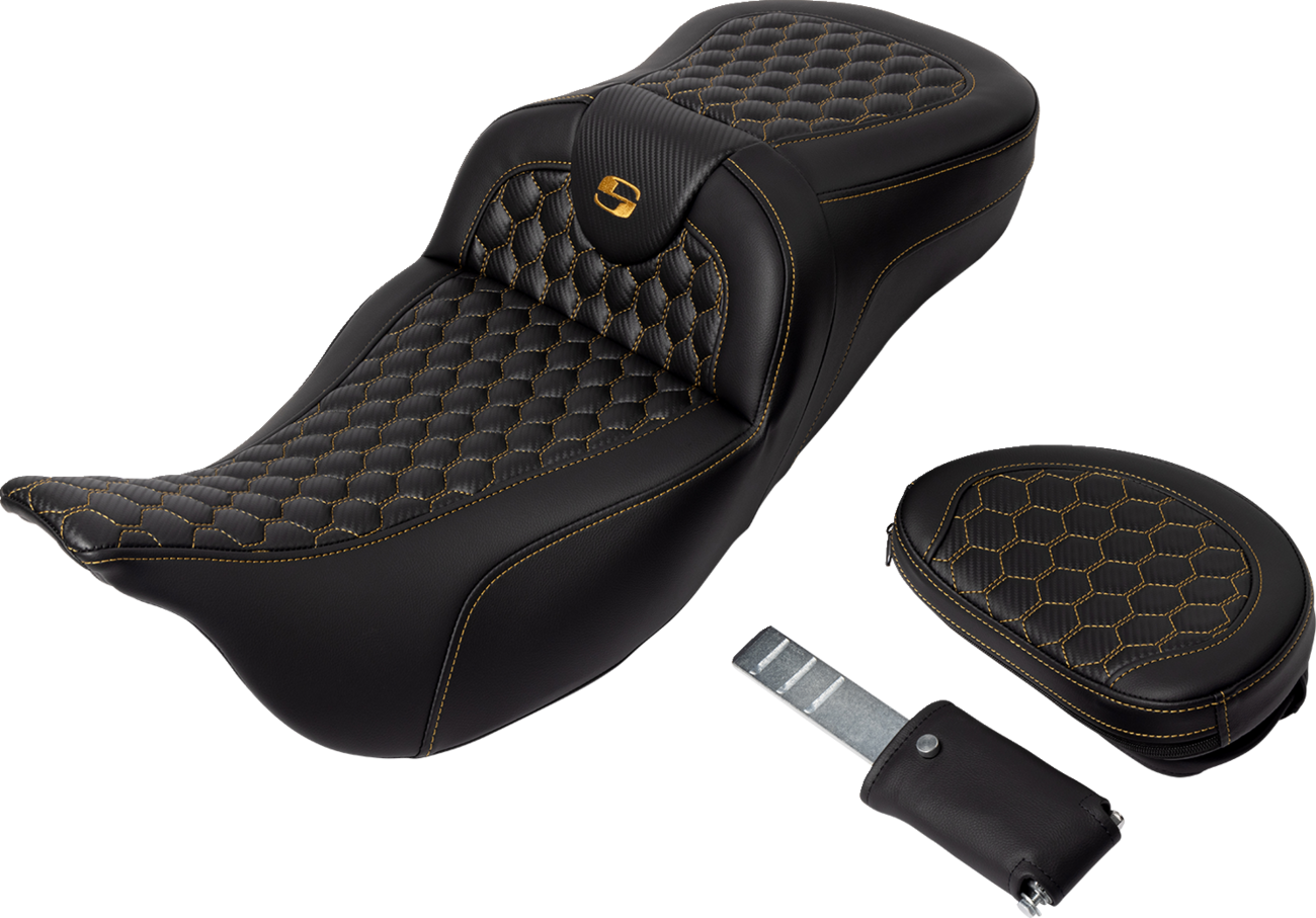 Saddlemen RoadSofa™ Seat - Honeycomb - Gold Stitch - With Backrest - Extended Reach - FLH/FLT '08-'24