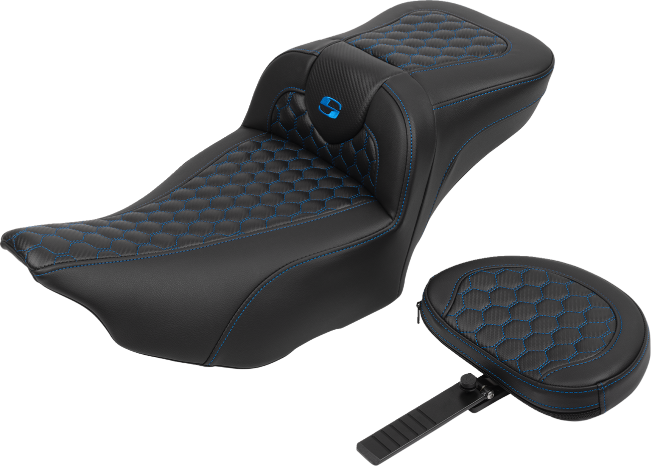 Saddlemen Roadsofa™ Extended Reach Seat - With Backrest - Honeycomb - Blue Stitch - FLTR/FLHX '23-'24