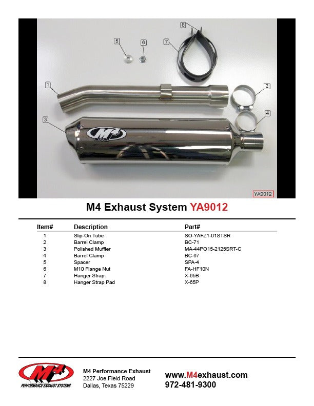 M4 Exhaust YA9012 Component Key