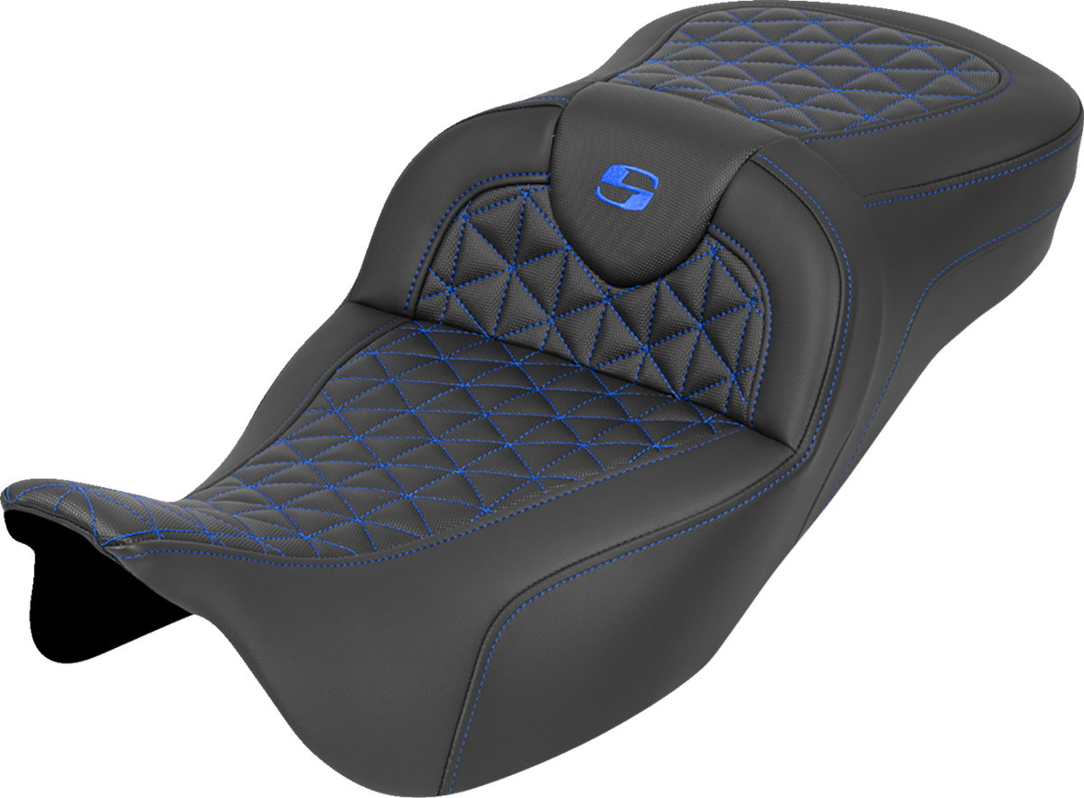Saddlemen RoadSofa™ Tri Gripper Seat - Extended Reach - Blue Stitch - W/O Backrest - FLH/FLT '08-'25