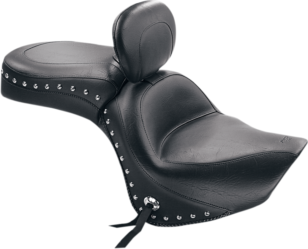 Mustang Seat - Wide Touring - With Driver Backrest - One-Piece - Chrome Studded - Black W/Conchos
