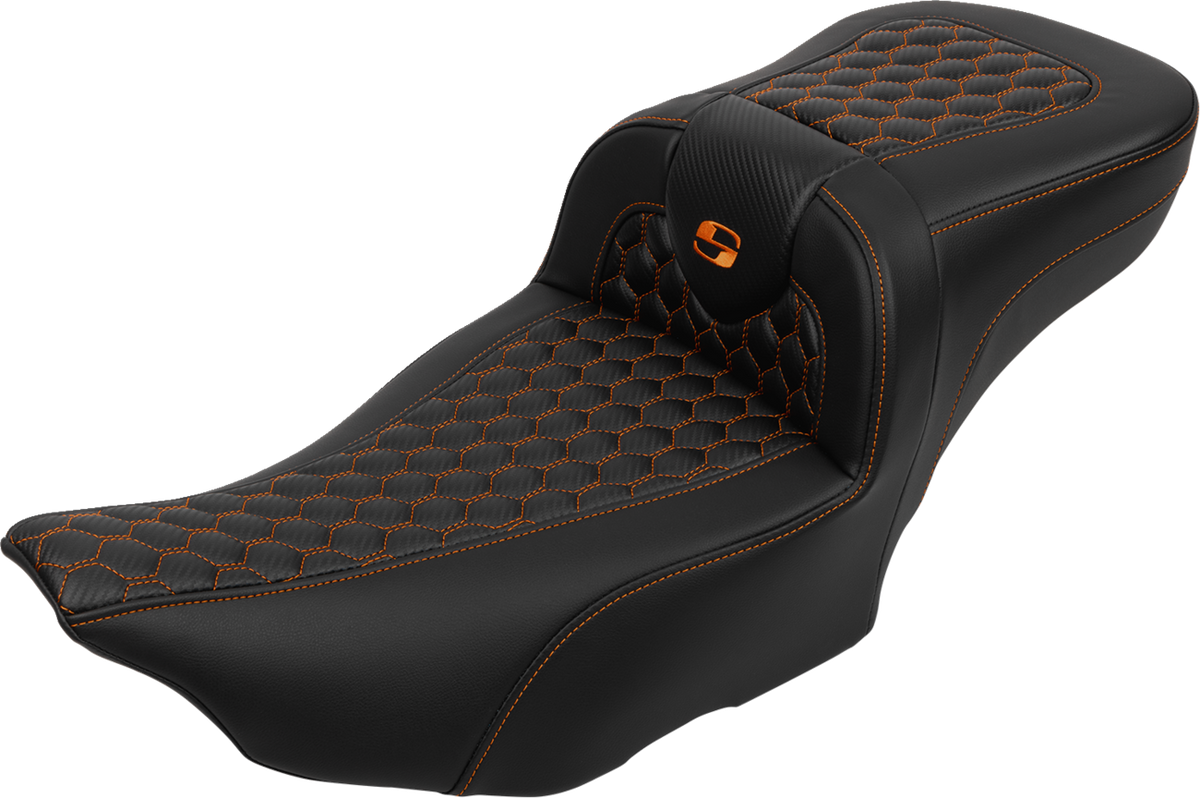 Saddlemen Roadsofa™ Extended Reach Seat - With Backrest - Honeycomb - Orange Stitch - FLTR/FLHX '23-'24