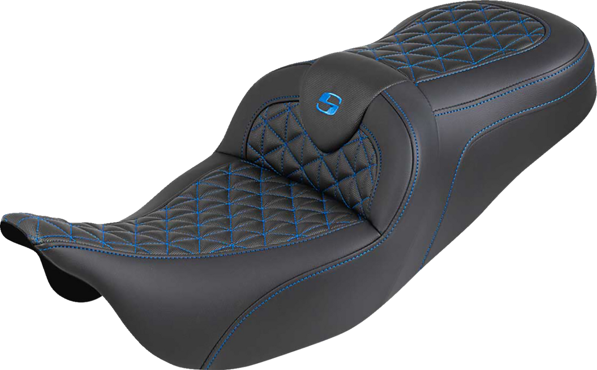 Saddlemen RoadSofa™ Tri Gripper Seat - Standard Reach - Blue Stitch - W/O Backrest - FLH/FLT '08-'25