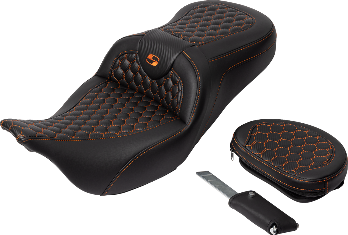Saddlemen RoadSofa™ Seat - Honeycomb - Orange Stitch - With Backrest - FLH/FLT '08-'23