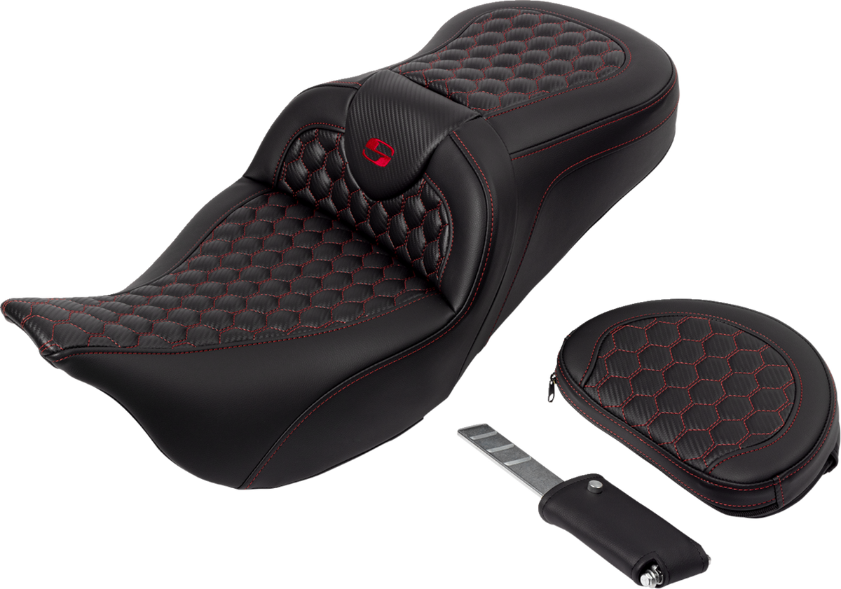 Saddlemen RoadSofa™ Seat - Honeycomb - Red Stitch - With Backrest - FLH/FLT '08-'23