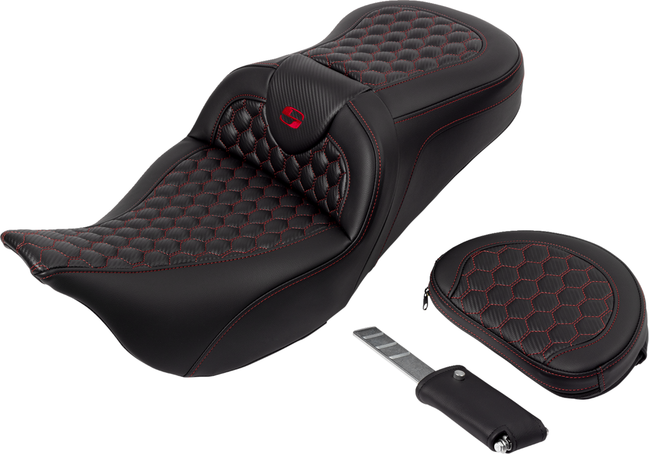 Saddlemen RoadSofa™ Seat - Honeycomb - Red Stitch - With Backrest - FLH/FLT '08-'23