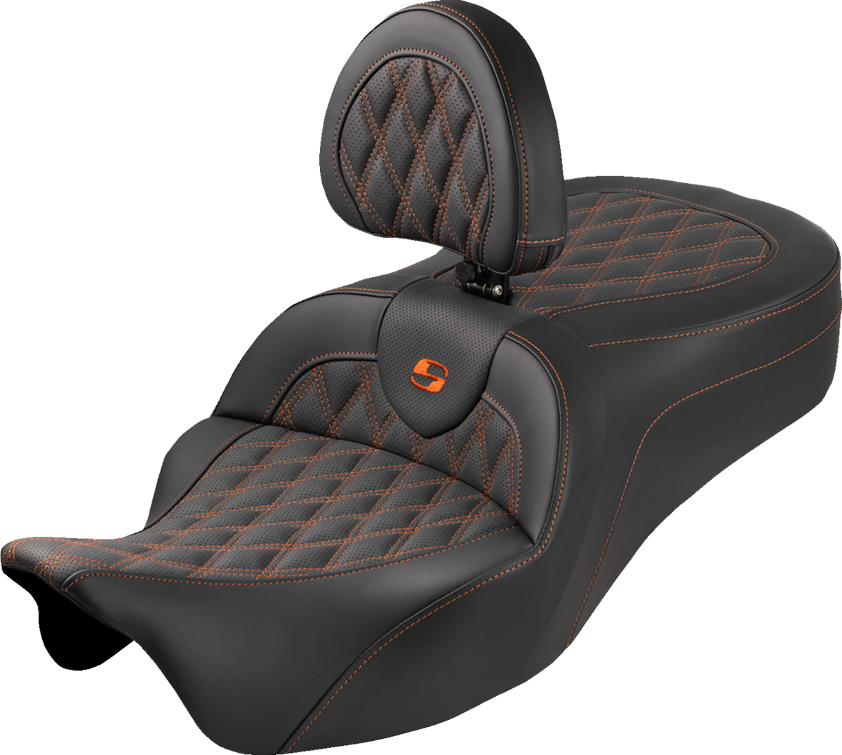 Saddlemen Roadsofa™ King Seat - With Backrest - Lattice Stitch - Orange Stitch - FLH/FLT '08-'25