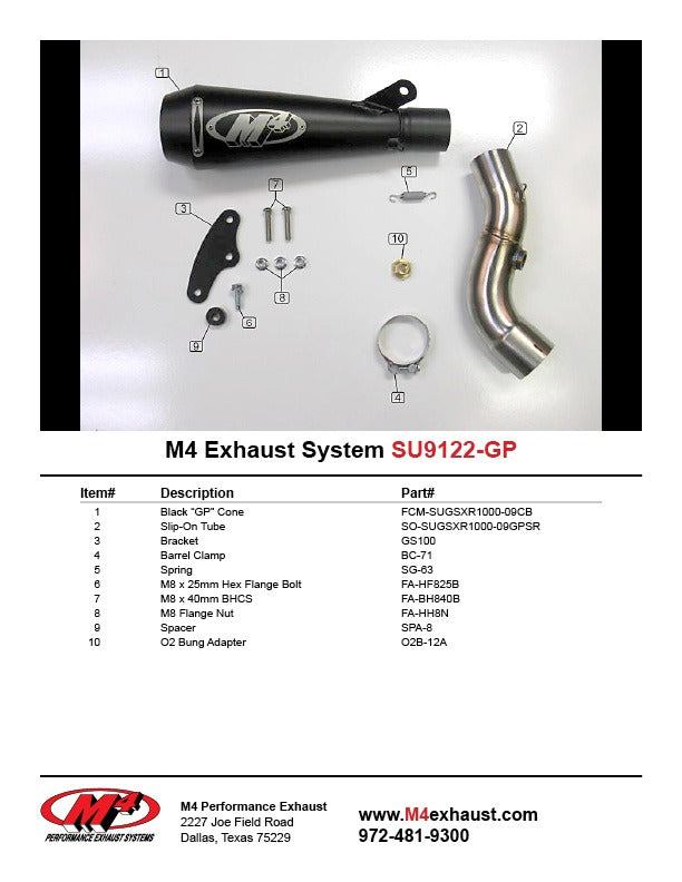 M4 Exhaust SU9122-GP Component Key