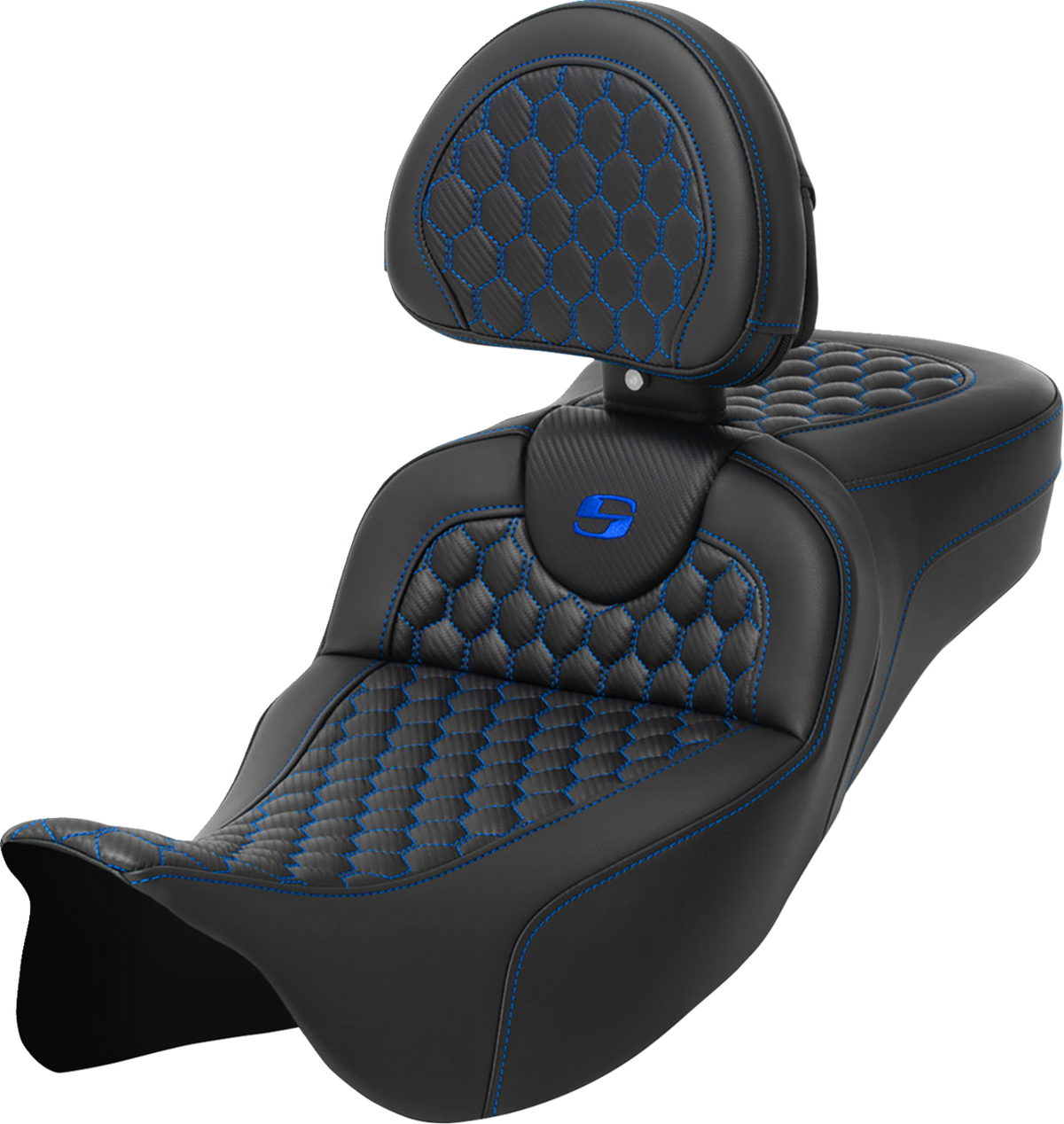 Saddlemen RoadSofa™ Seat - Honeycomb - Blue Stitch - With Backrest - Extended Reach - FLH/FLT '08-'24