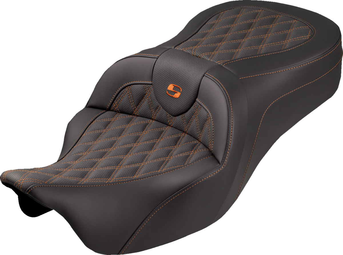 Saddlemen Roadsofa™ King Seat - No Backrest - Lattice Stitch - Orange Stitch - FLH/FLT '08-'25