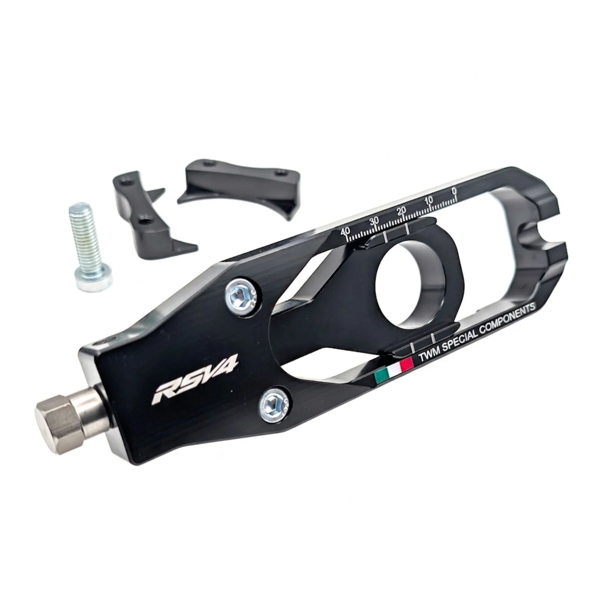 TWM CNC Aluminum Chain Adjusters for Aprilia - TCA.01 in Black - Detail Photo - TCA.01.N