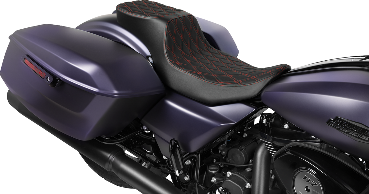 Drag Specialties Seats Performance Predator 2-Up Seat - Extended Reach - Vinyl - Red Double Diamond Stitch