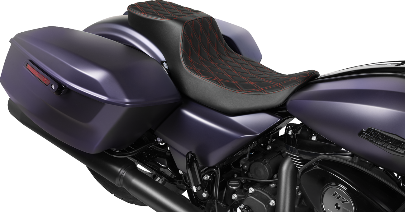 Drag Specialties Seats Performance Predator 2-Up Seat - Extended Reach - Vinyl - Red Double Diamond Stitch
