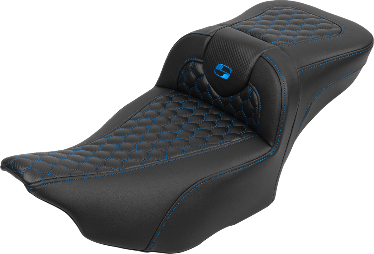 Saddlemen Roadsofa™ Extended Reach Seat - With Backrest - Honeycomb - Blue Stitch - FLTR/FLHX '23-'24