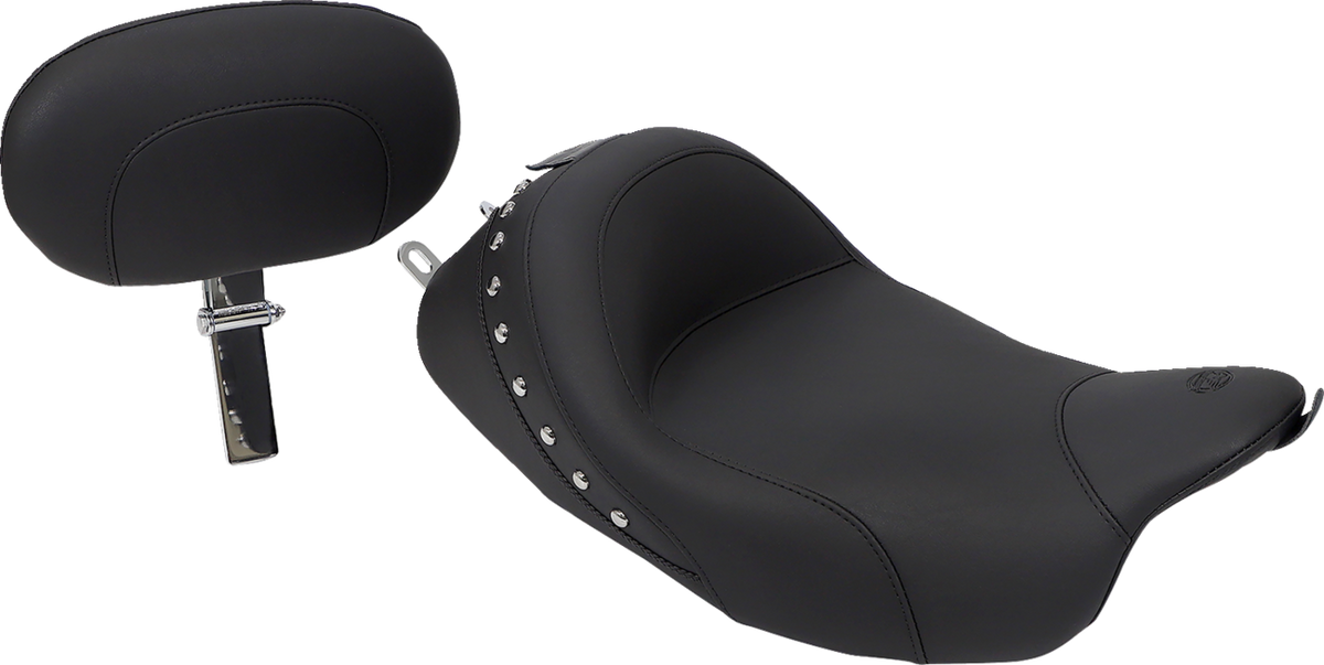 Mustang Wide Solo Seat - With Backrest - Black - Studded W/ Concho - FLH/FLT '08-'25