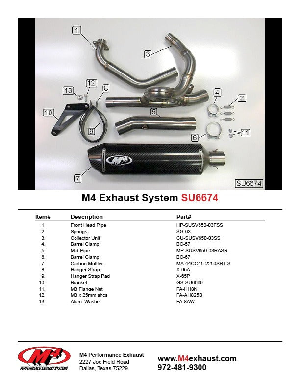 M4 Exhaust SU6674 Component Key