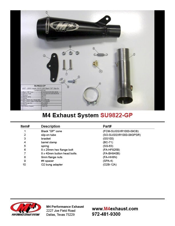 M4 Exhaust SU9822-GP Component Key