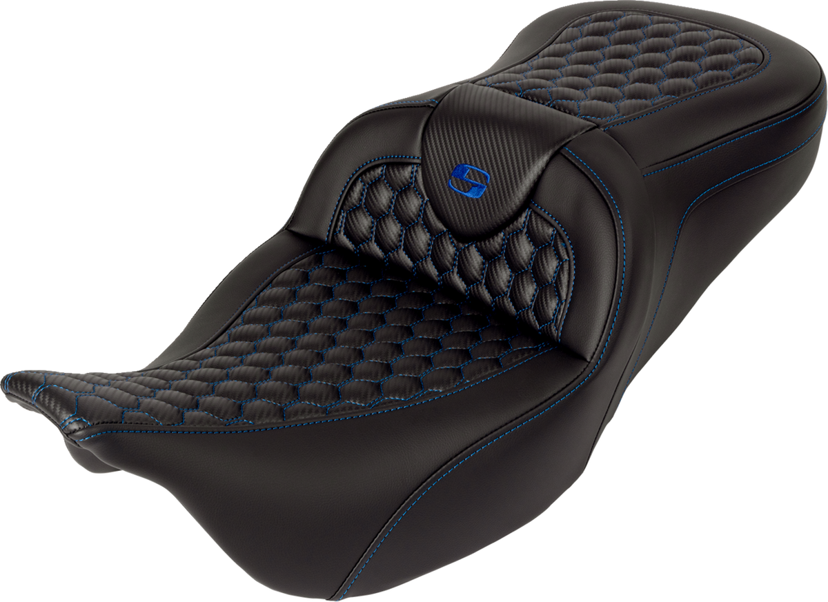 Saddlemen RoadSofa™ Seat - Honeycomb - Blue Stitch - With Backrest - FLH/FLT '08-'23