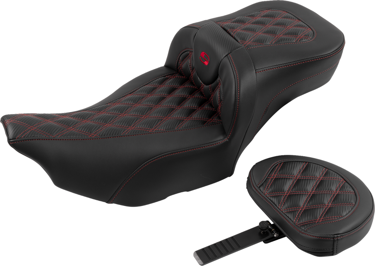 Saddlemen Roadsofa™ Extended Reach Seat - With Backrest - Lattice Stitch - Red Stitch - FLTR/FLHX '23-'24