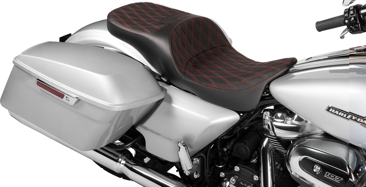 Drag Specialties Seats Extended Reach Freedom Seat - Vinyl - Double Diamond - Red Stitch - FLT/FLH '09-'25