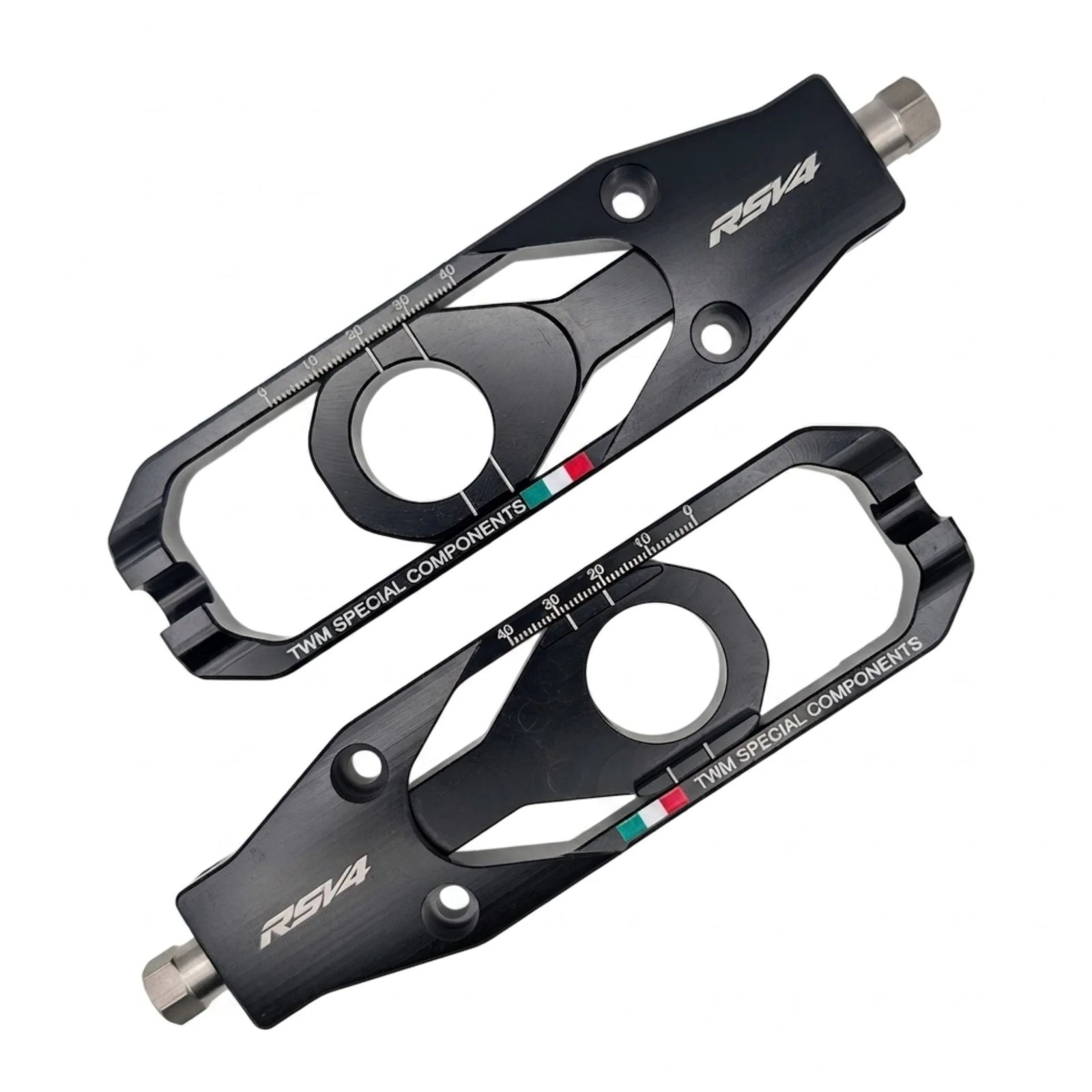 TWM CNC Aluminum Chain Adjusters for Aprilia - TCA.01 in Black - Set Photo - TCA.01.N