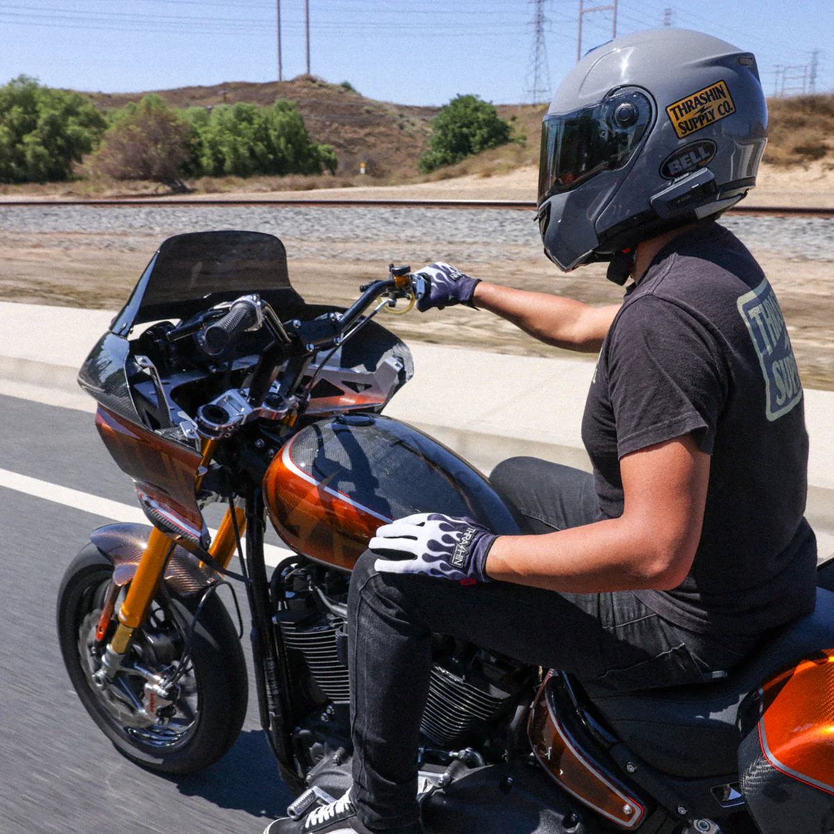 Thrashin Supply CO. Stealth Leather Palm Flame Gloves