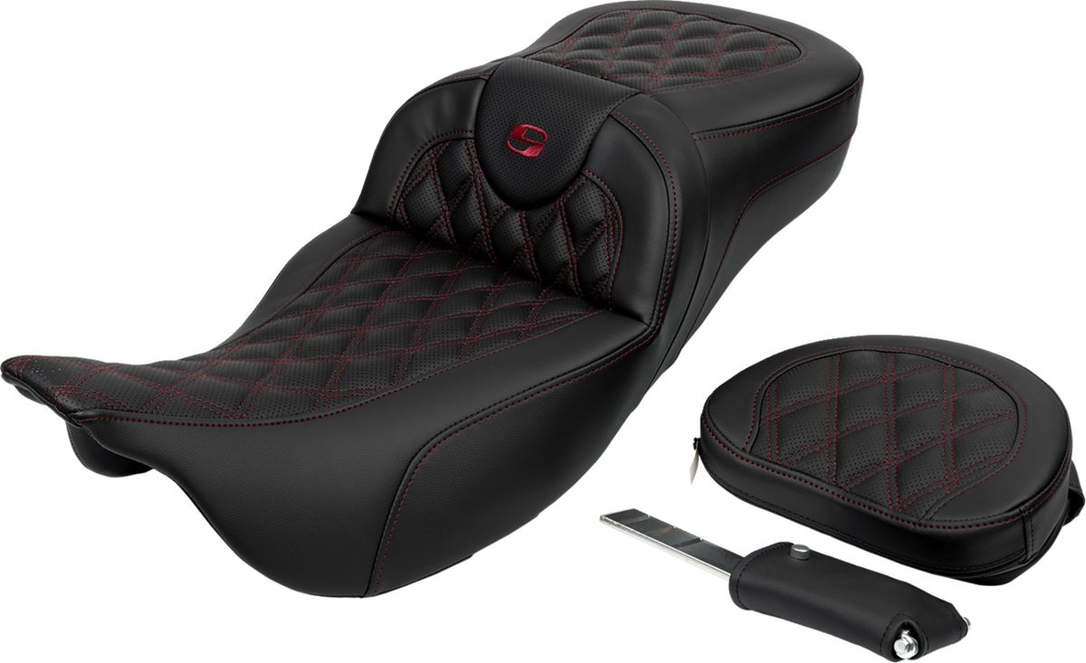 Saddlemen Roadsofa™ Extended Reach Seat - Lattice Stitch - Wine Berry Stitch - With Backrest - FL '08-'24