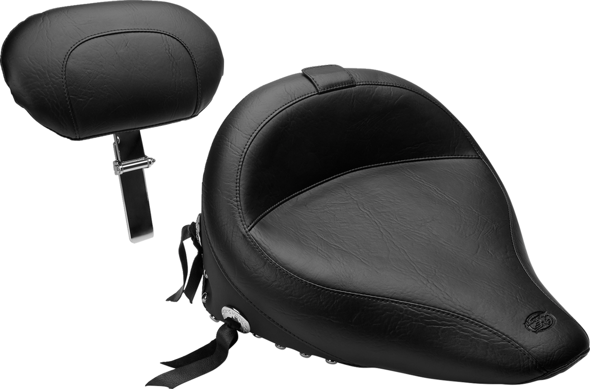 Mustang Wide Solo Seat - With Backrest - Black - Studded W/ Concho - FLST/FXST '00-'06