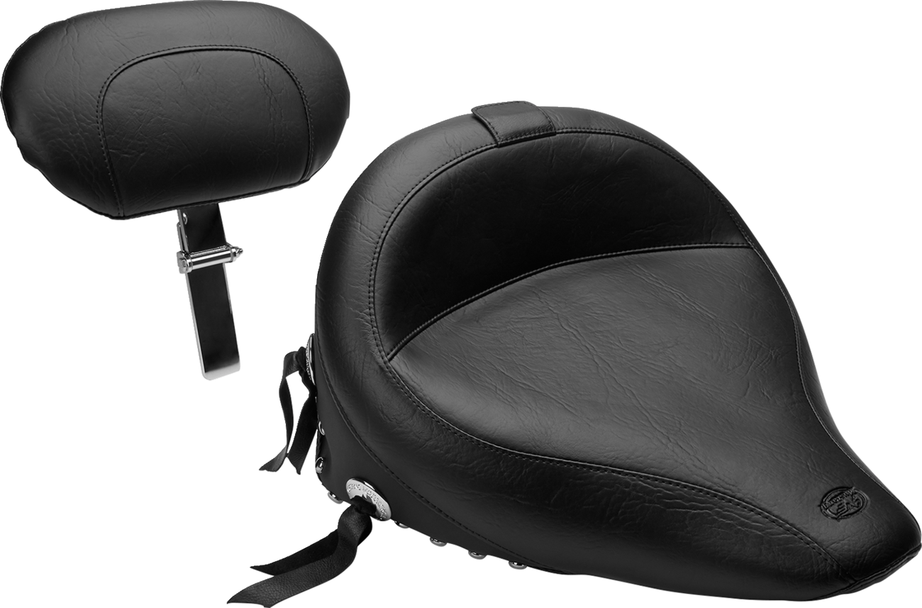 Mustang Wide Solo Seat - With Backrest - Black - Studded W/ Concho - FLST/FXST '00-'06